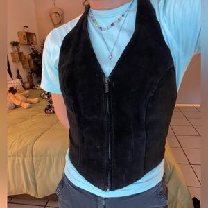 vintage WILSONS black leather zip up halter top